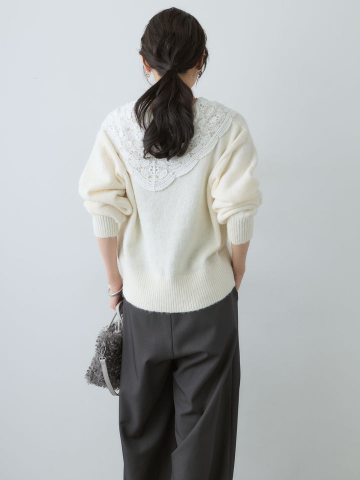 [SET]モヘアレースショールカラーカーディガン+ツイルタックワイドパンツ(2set)