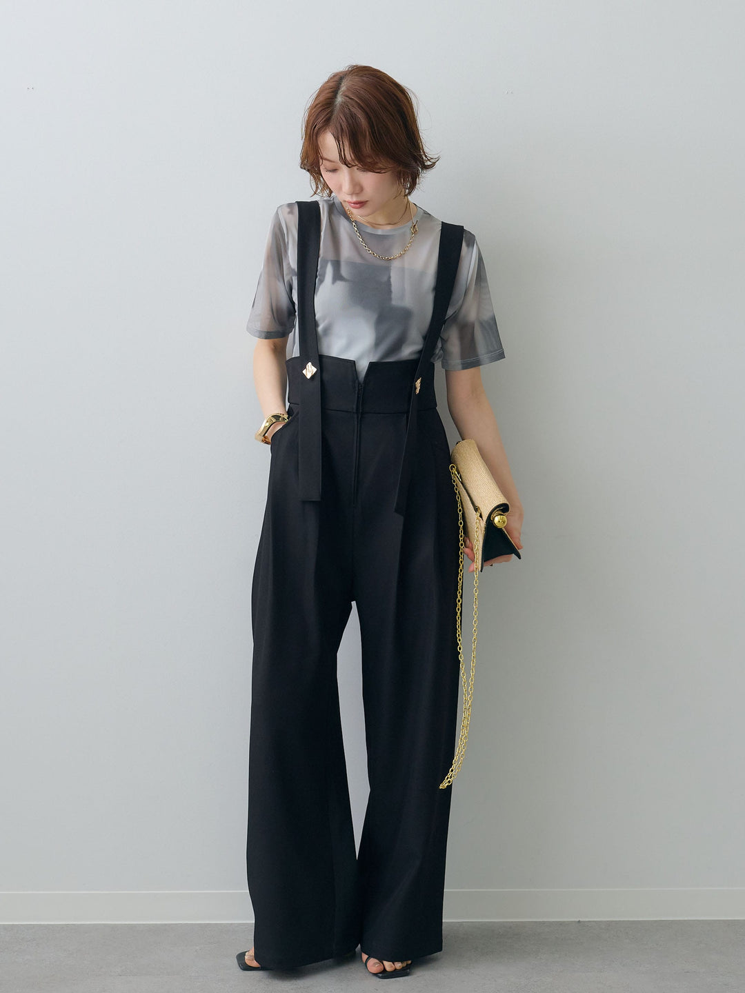 [SET]水彩アートシアーTシャツ+ゴールドボタンサスペンダーワイドパンツ(2set)