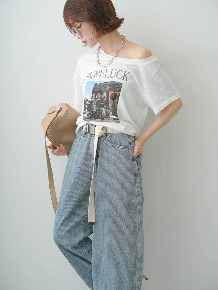 [SET]ワイドネックプリントTEE+ニュアンスウォッシュカーブデニム(2set)
