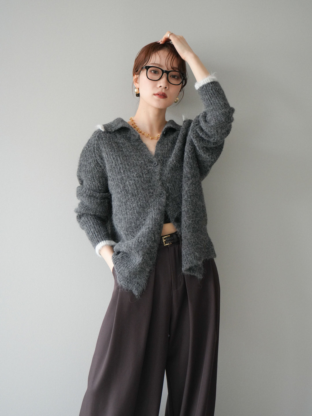 [予約]襟付きバイカラーミックスニットカーディガン/gray