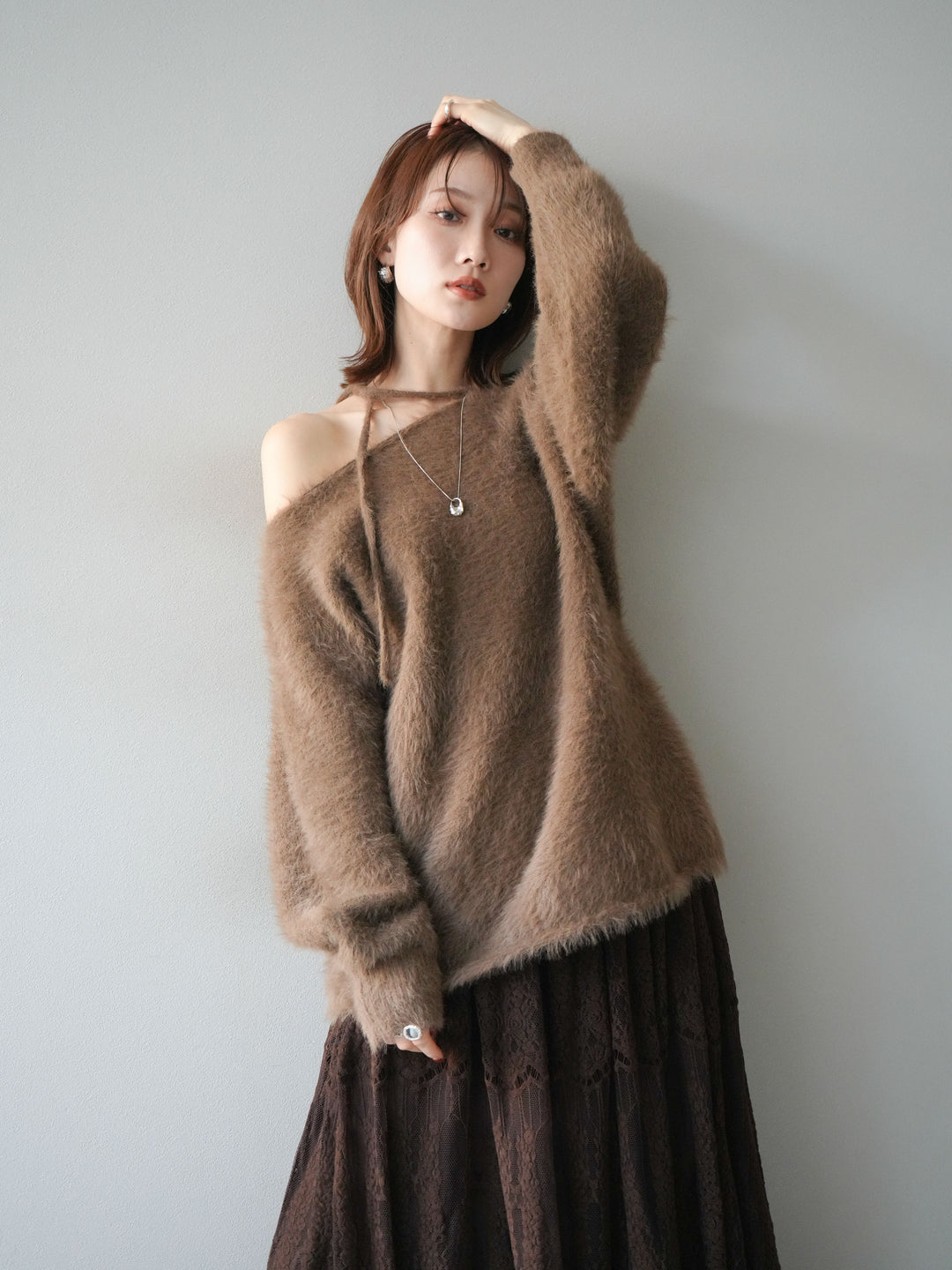 [予約]紐付きシャギーニットプルオーバー/camel