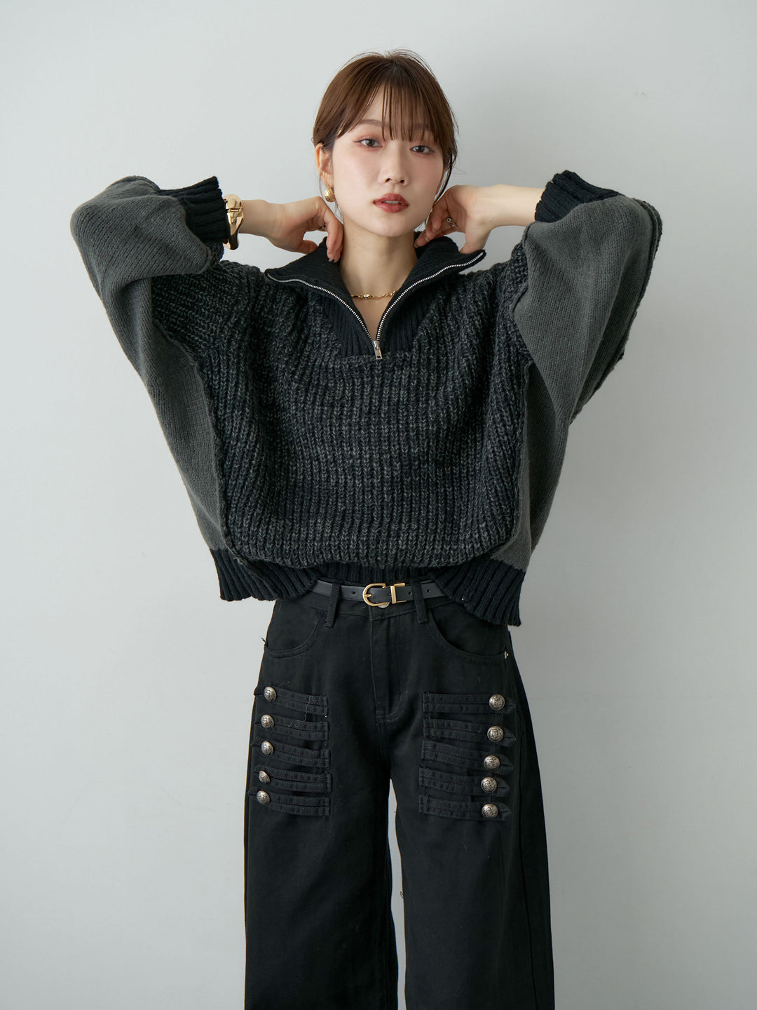[予約]バイカラーハーフジップリブニットトップス/black