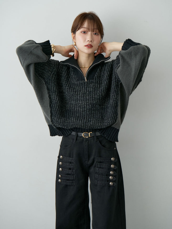 [予約]バイカラーハーフジップリブニットトップス/black