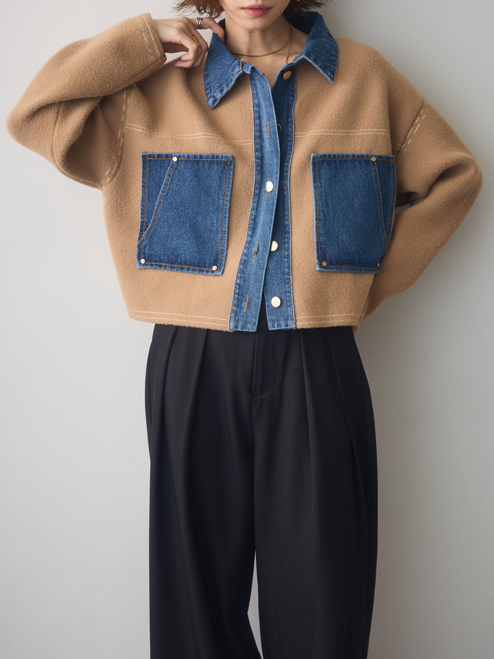 [SET]アルパカタッチコクーン襟ベスト+デニムコンビスムースニットジャケット(2set)