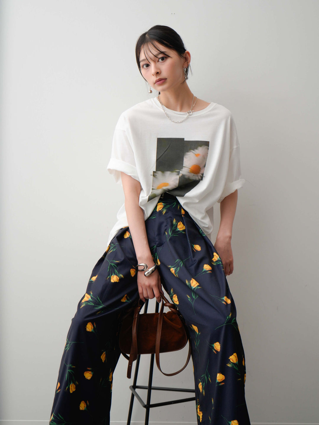 【着回しセット】フラワーフォトTEE+フラワープリントドレープタックパンツ+フラワープリントIラインギャザースカート(3set)