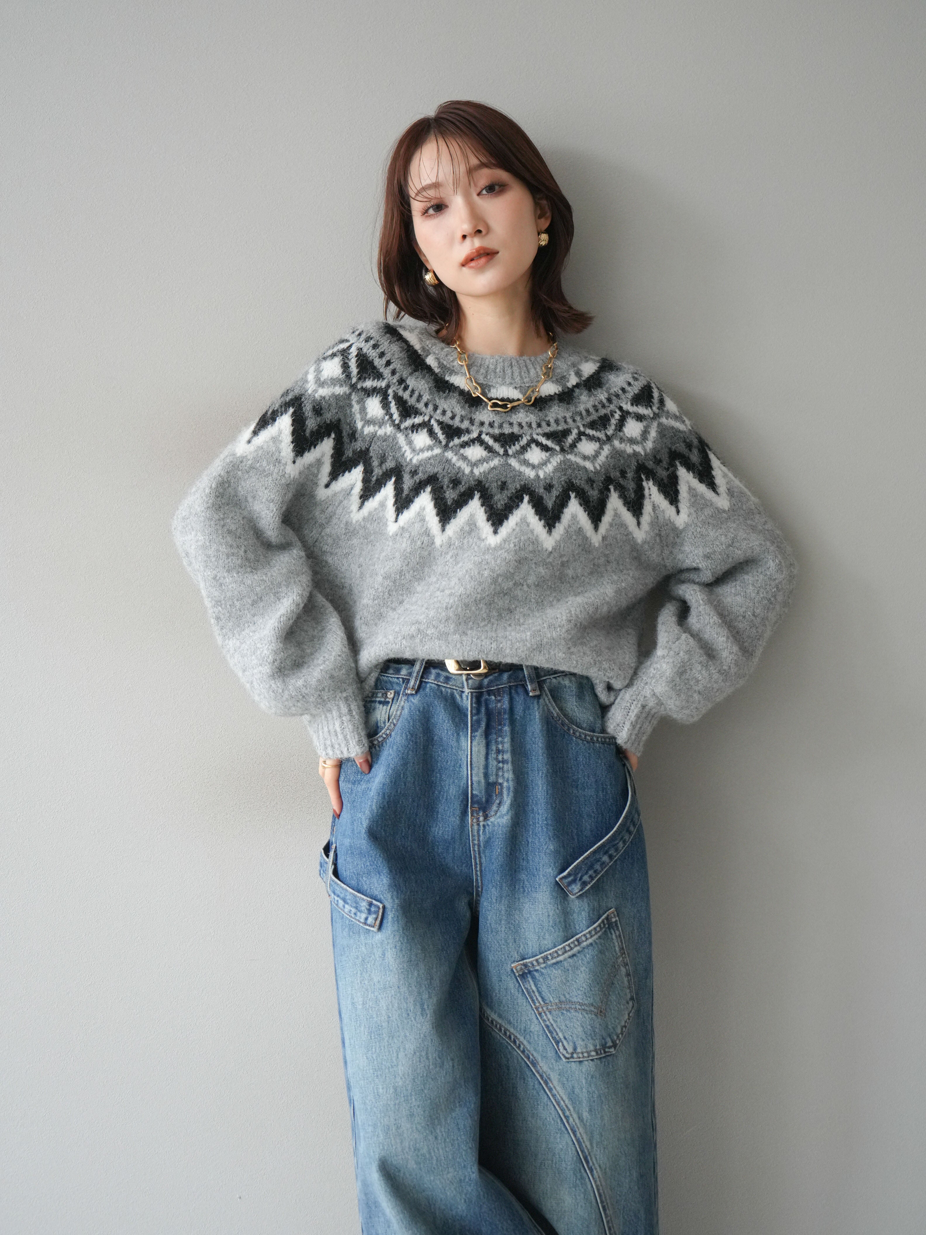 SET]求心柄オーバーニットプルオーバー+ペインターカーブデニムパンツ