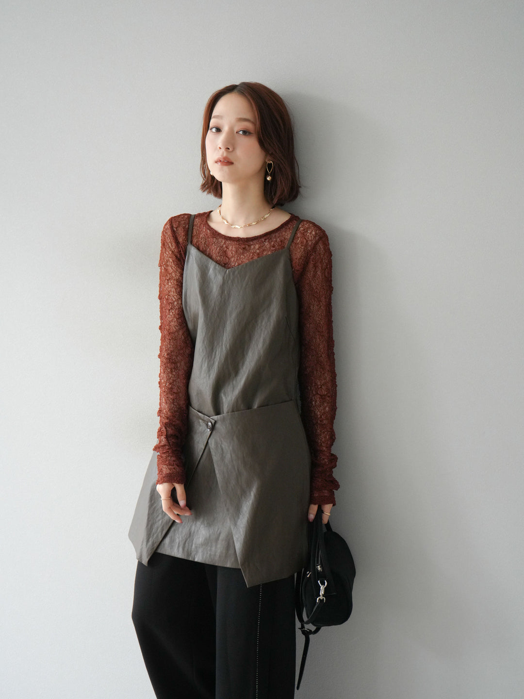 [予約]レイヤードレザーキャミソールチュニック/ブラウン