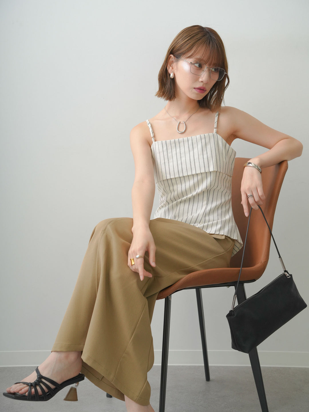 [SET]ストライプアシメキャミソール+クレープデシンフラップ付きストレートスカート(2set)