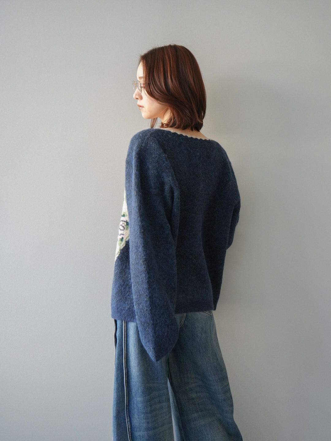 [予約]アンティークフラワージャガードニットカーディガン/navy