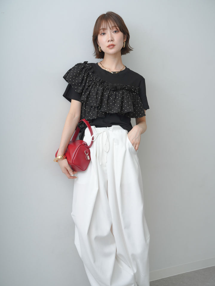 [SET]ドットギャザーフリルデザインTEE+ベルトループカーブタックワイドパンツ(2set)