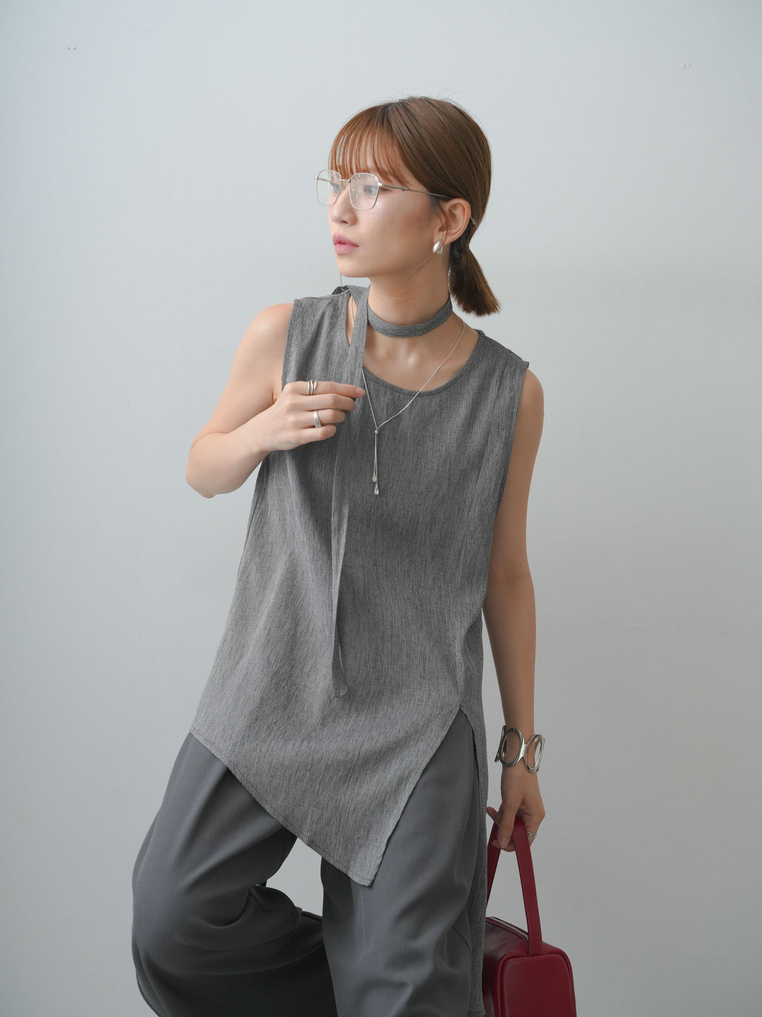 [SET]タイ付アシメヘムノースリトップス+ベルトループデザインワイドパンツ(2set)