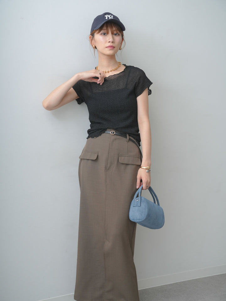 [SET]シャーリングシアーバックオープンフレンチトップス+クレープデシンフラップ付きストレートスカート(2set)