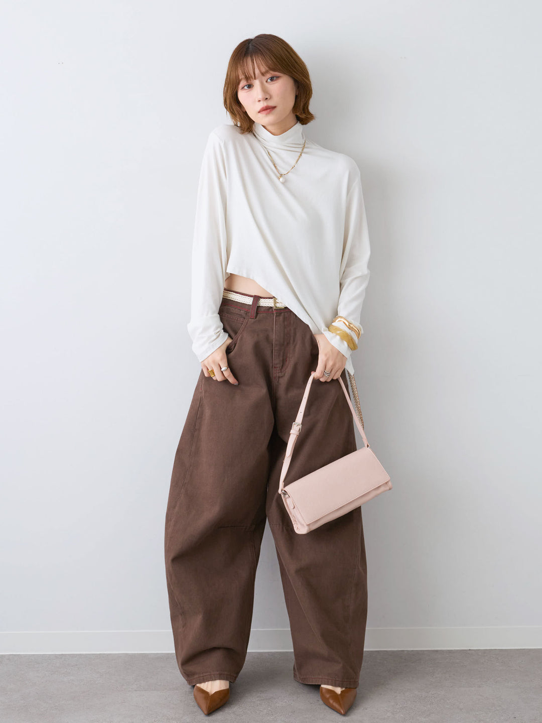 [SET]モックネックアシメヘムトップス+カラーステッチワイドパンツ(2set)
