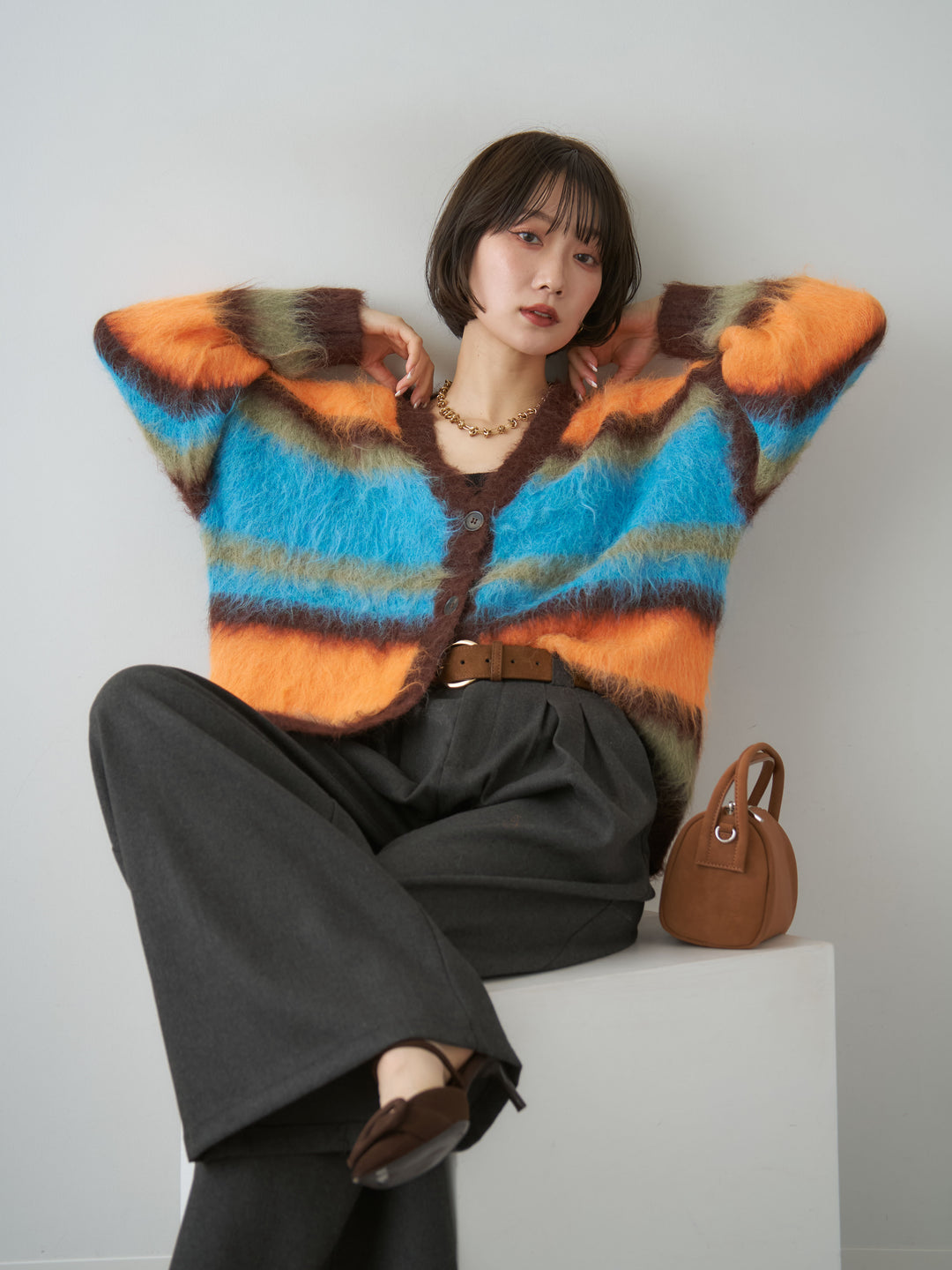 [SET]カラフルシャギーボーダーカーディガン+ダブルタックドレープストレートワイドパンツ(2set)