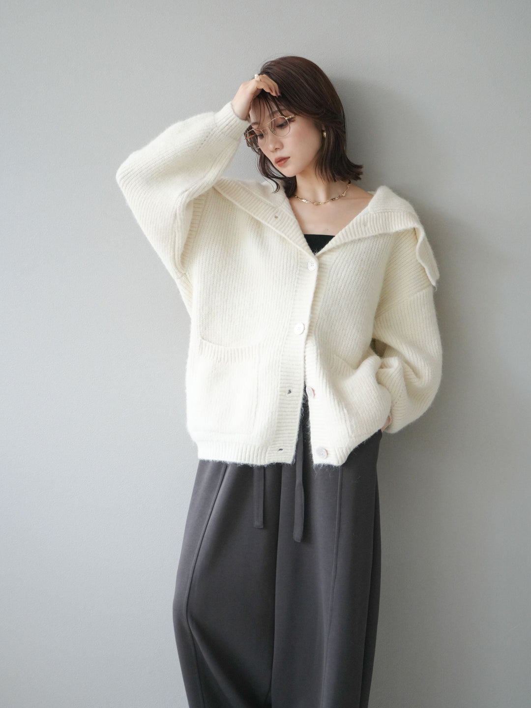 [予約]襟付きボタンオーバーニットカーディガン/ivory