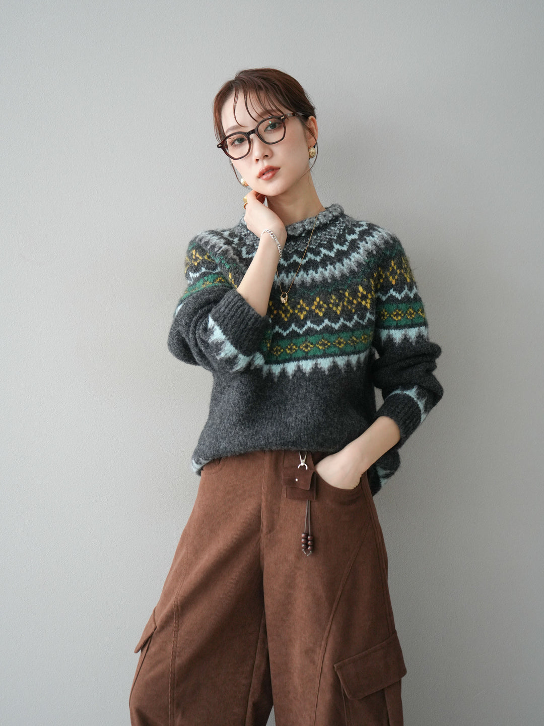 [予約]ウールタッチ求心柄オーバーニットプルオーバー/gray