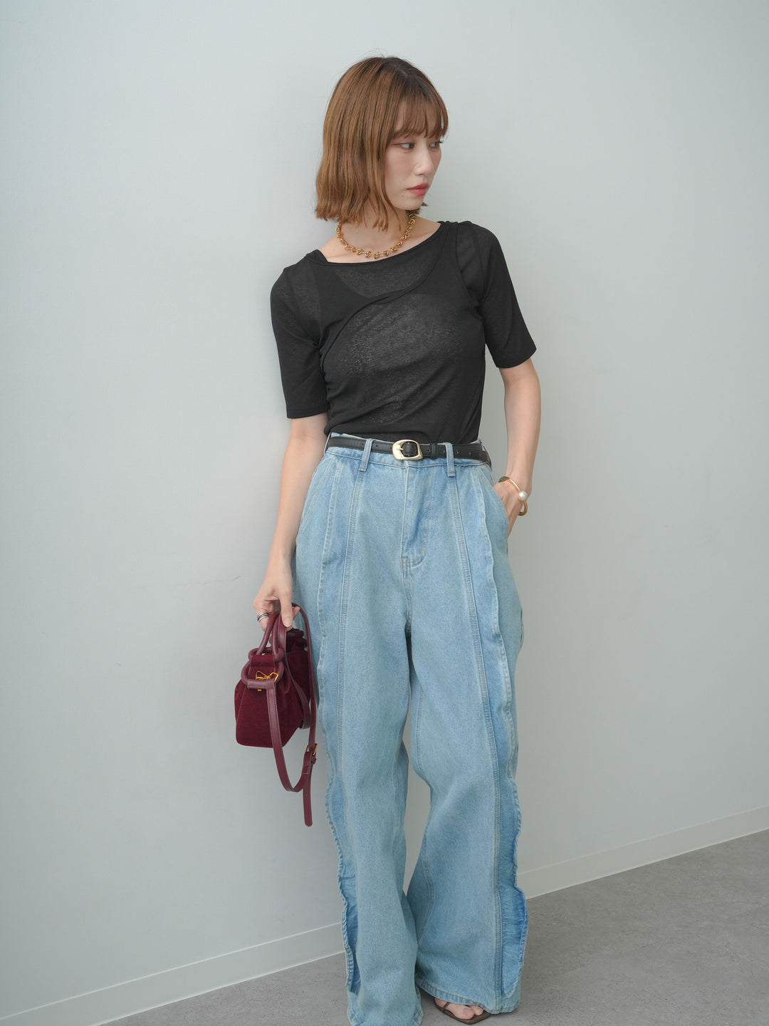 [SET]前後2wayシアーアシメレイヤード風TEE+フリルラインワイドデニム(2set)