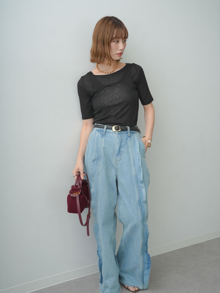 [SET]前後2wayシアーアシメレイヤード風TEE+フリルラインワイドデニム(2set)