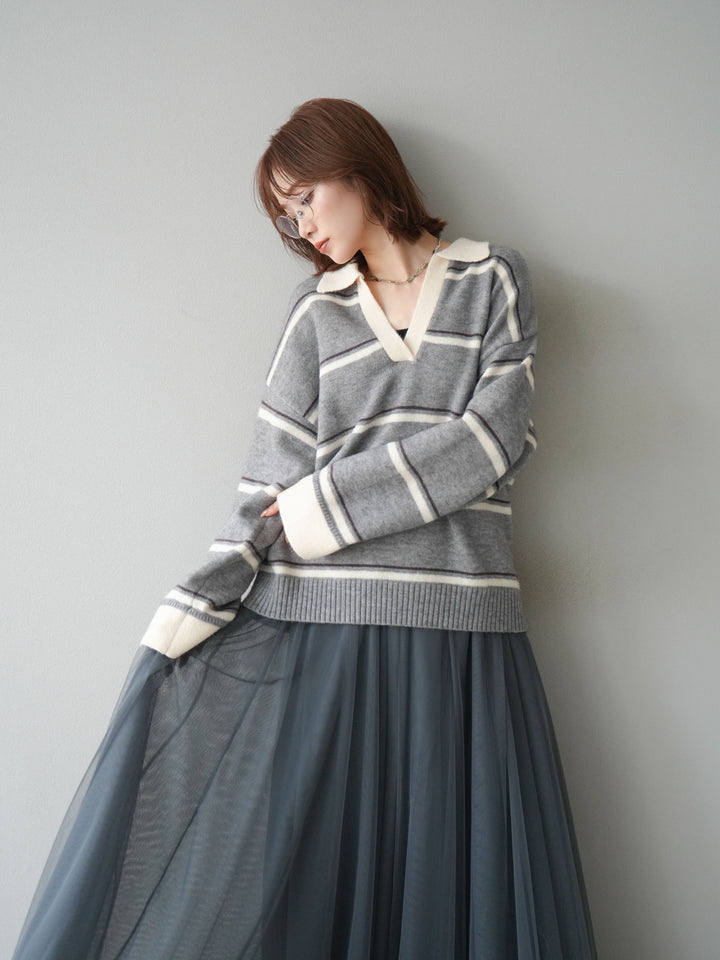 [SET]ポロ襟スキッパーボーダーニットプルオーバー+チュールボリュームスカート(2set)
