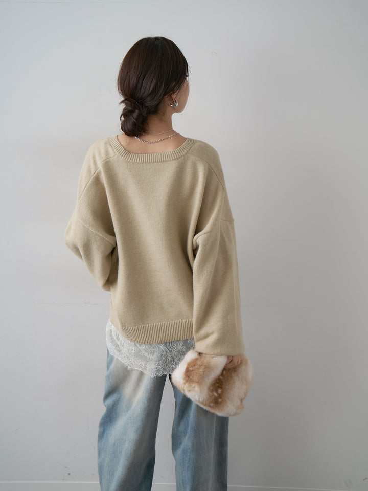 [SET]アルパカタッチレースドッキングVネックニットトップス+アルパカタッチレースドッキングVネックニットトップス(2set)