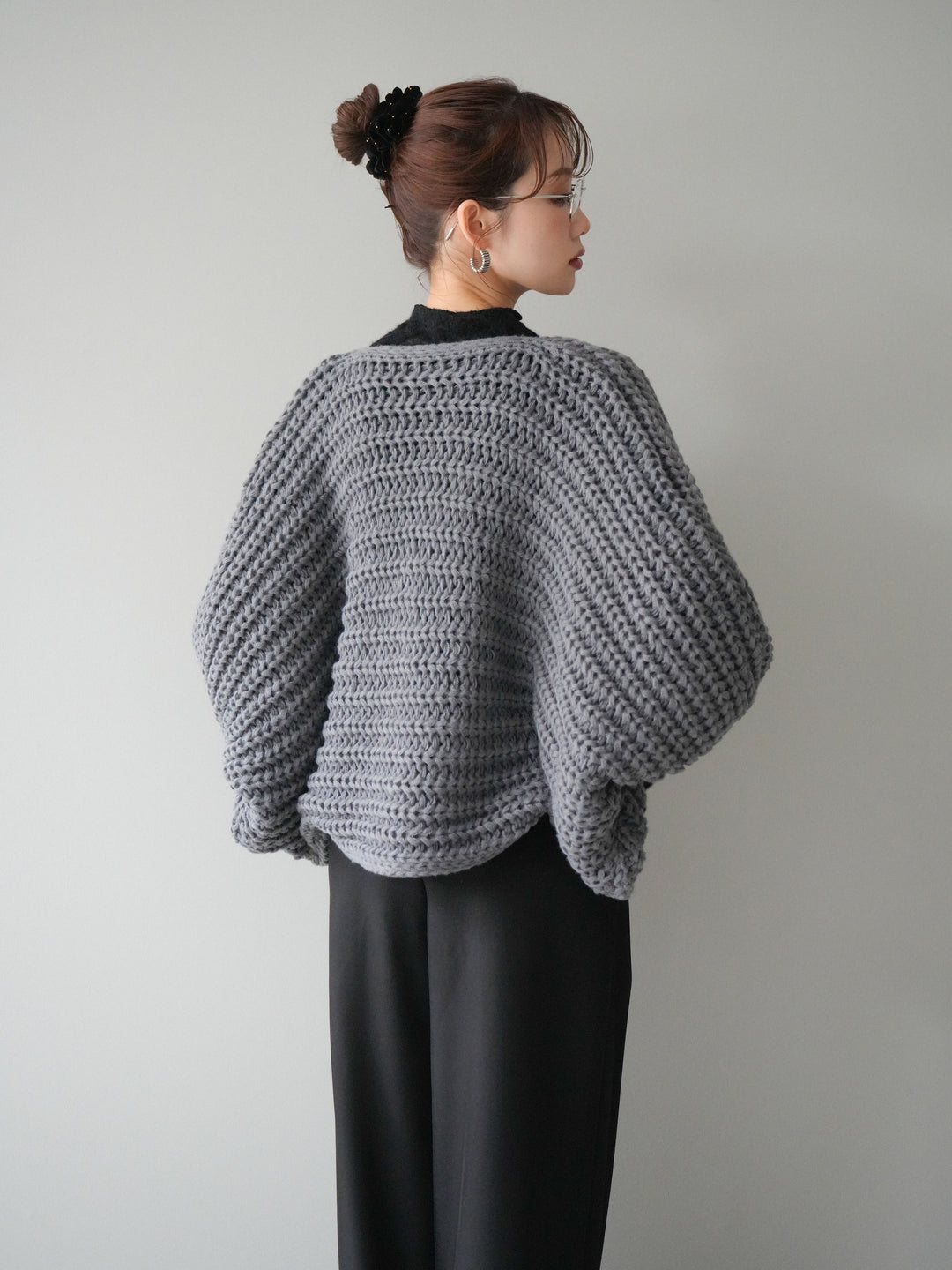 [SET]ローゲージ畦編みドルマンニットボレロ+起毛レースプチネックトップス+ベルトループデザインワイドパンツM(3set)