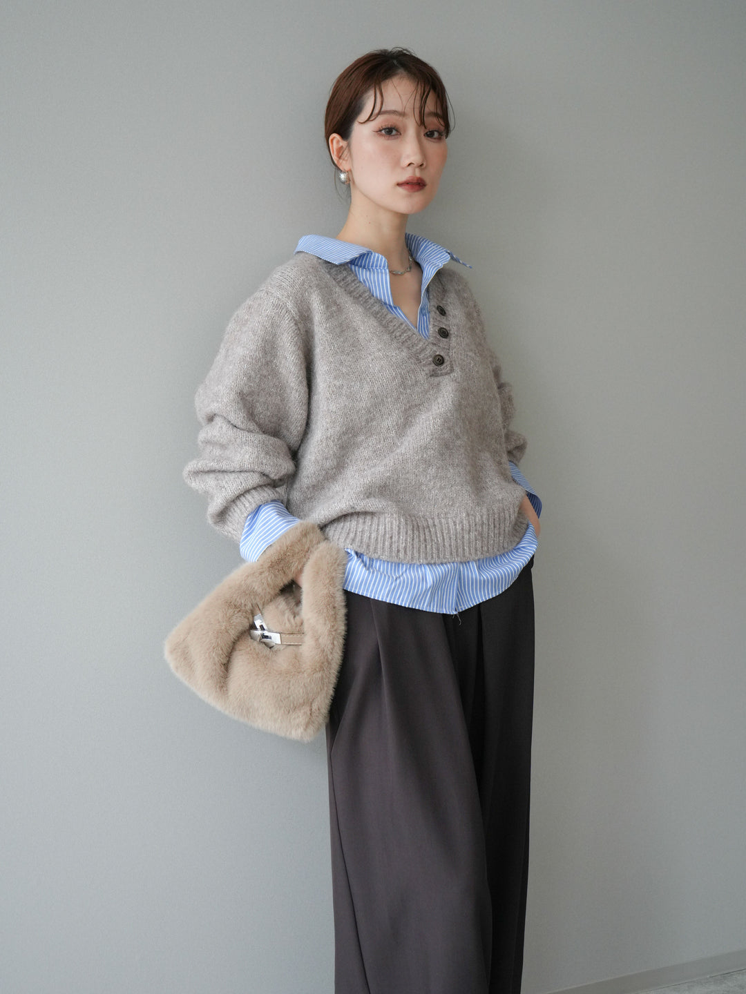 [SET]ストライプシャツドッキングMIXヤーンニットプルオーバー+ベルトループデザインワイドパンツ(2set)