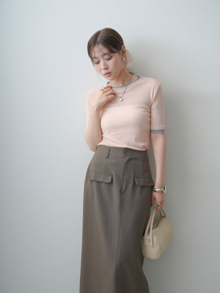 [SET]トリムレイヤードシアー半袖トップス+クレープデシンフラップ付きストレートスカート(2set)