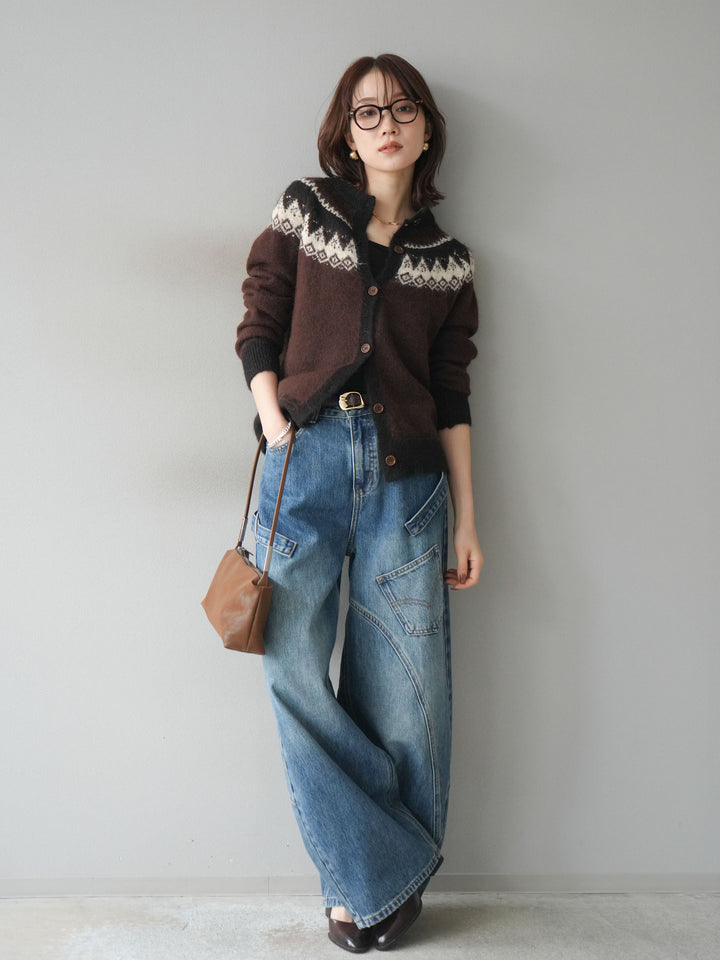 [SET]ノルディック柄ニットカーディガン+ペインターカーブデニムパンツ(2set)