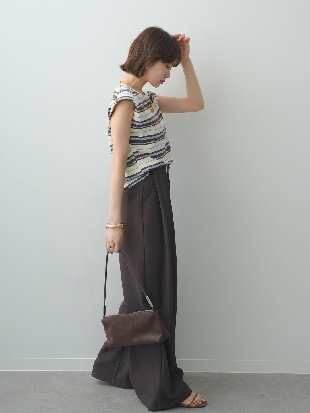 [SET]ショルダーパッドフレンチTEE+ベルトループデザインワイドパンツ(2set)