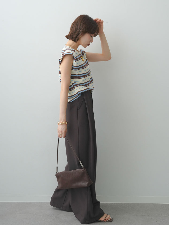 [SET]ショルダーパッドフレンチTEE+ベルトループデザインワイドパンツ(2set)