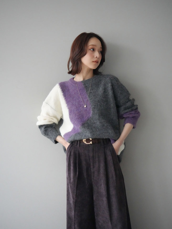 [予約]ウェーブバイカラーニット/purple