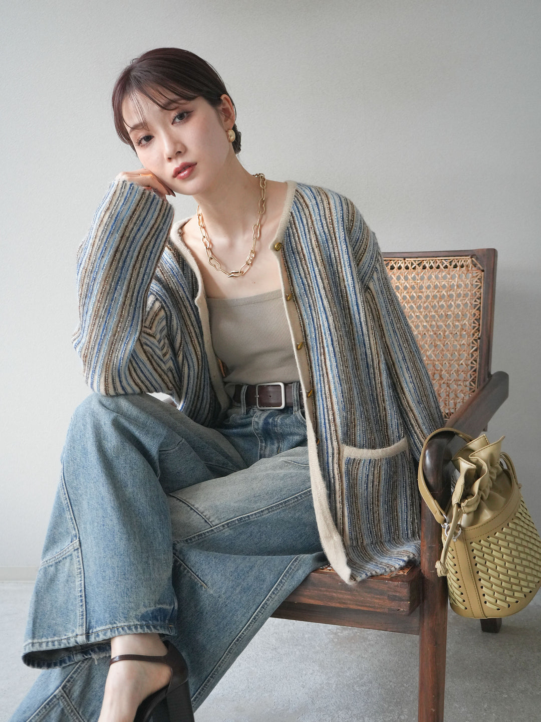 [予約]アンティークボタンストライプニットカーディガン/ivory