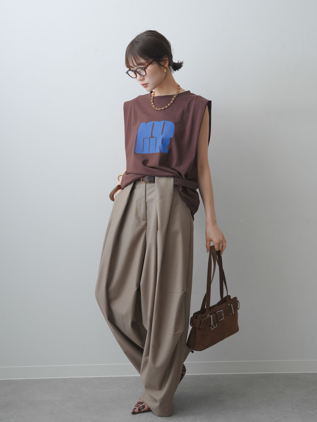 [SET]ワイドネックプリントTEE+ショルダータックノースリーブオーバーTEE(2set)