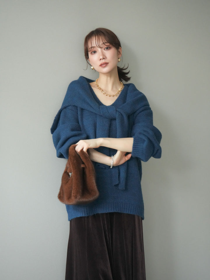 [予約]ストール付きVネックニットプルオーバー/blue