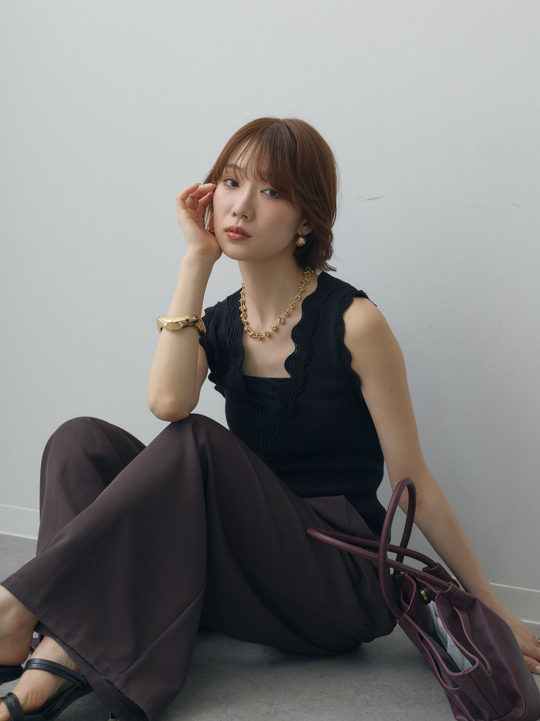 [SET]カーブデザインリブニットタンクトップ+選べるアクセセット(2set)