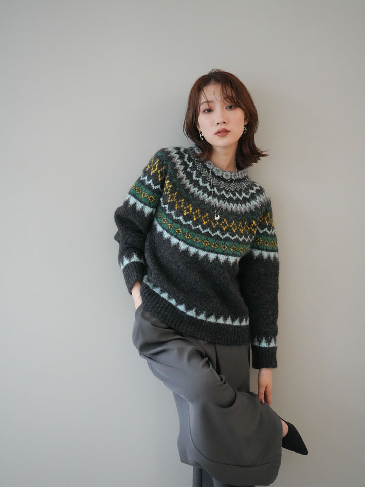 [予約]ウールタッチ求心柄オーバーニットプルオーバー/gray