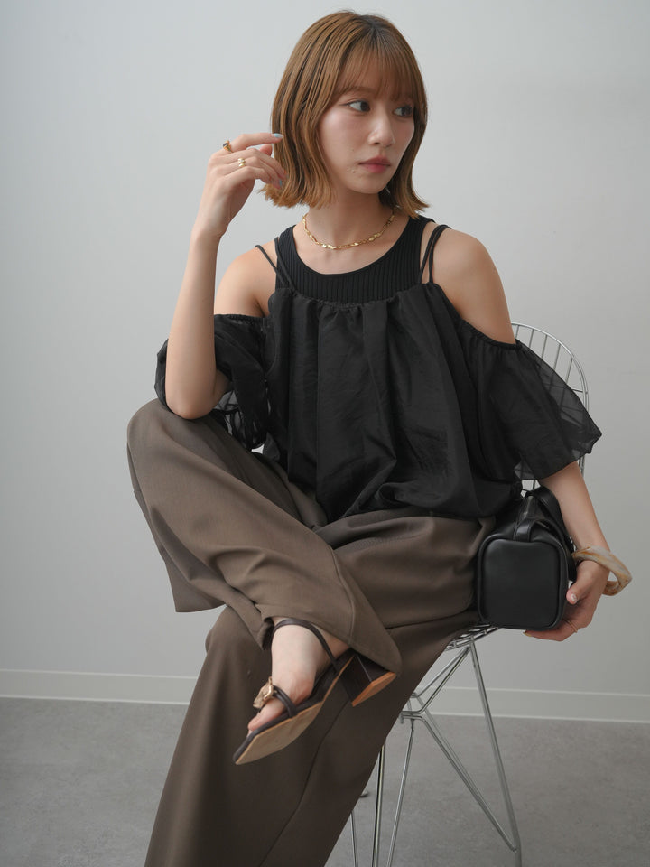 [SET]リブタンク付シアーバルーン半袖トップス+クレープデシンタックワイドパンツ(2set)