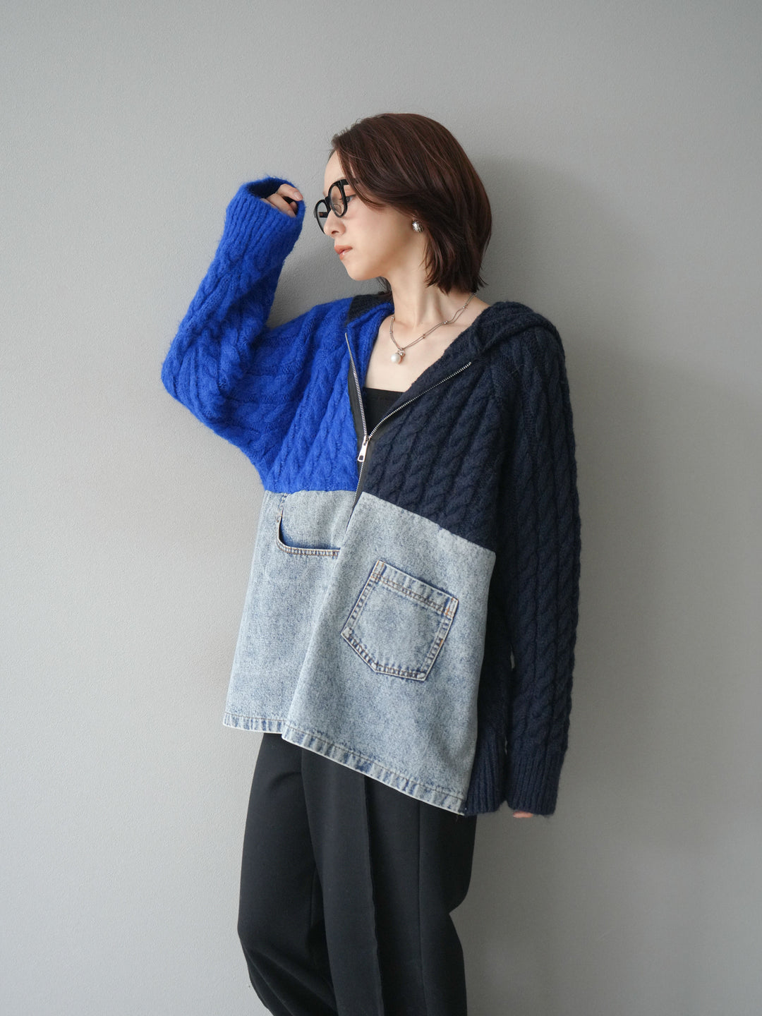 [予約]デニム×バイカラーニットZIPフーディ/blue