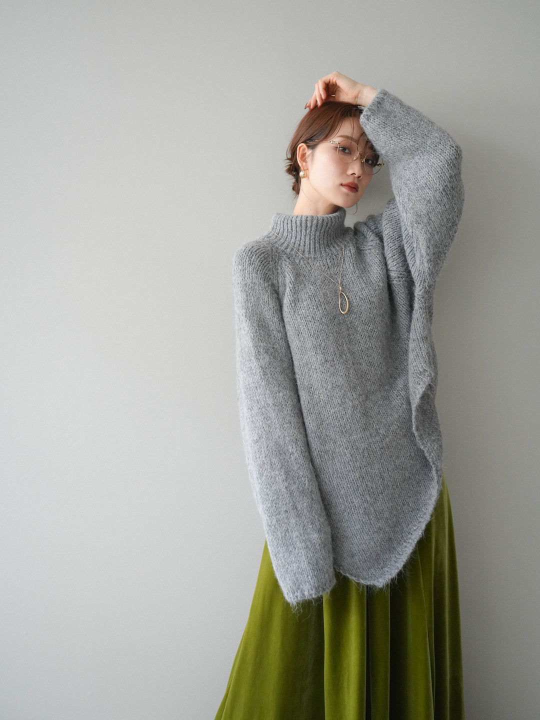 [予約]アシンメトリーハイネックニットプルオーバー/gray