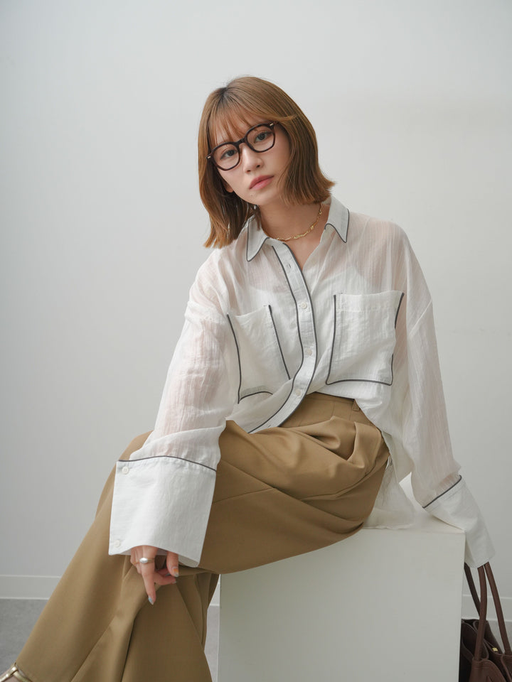 [SET]バイカラートリムオーバーストライプシャツ+クレープデシンタックワイドパンツ(2set)
