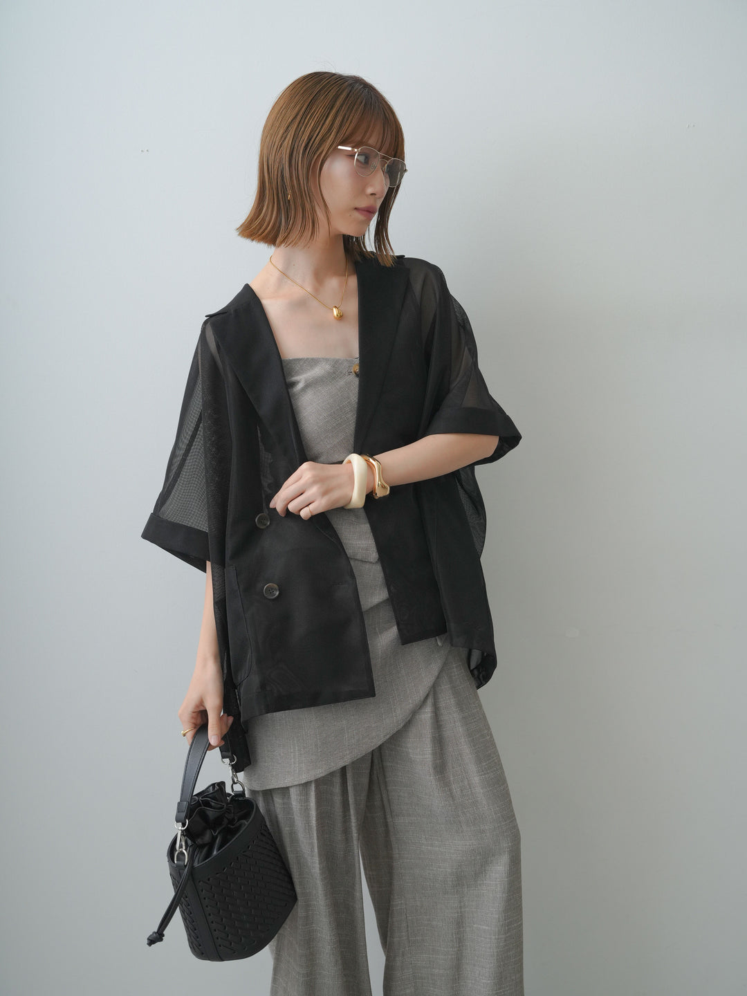 [SET]ストール付フロントボタンキャミソール＆ドレープタックパンツSET UP(2SET)+メッシュハーフWジャケット(2set)
