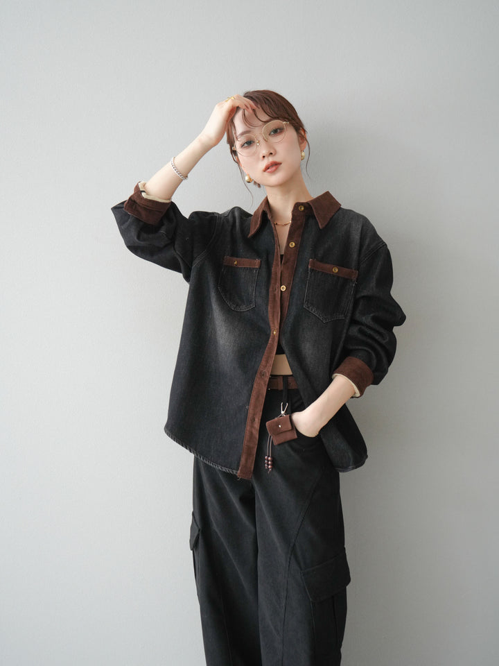 [予約]裏起毛コーデュロイ襟デニムシャツジャケット/black