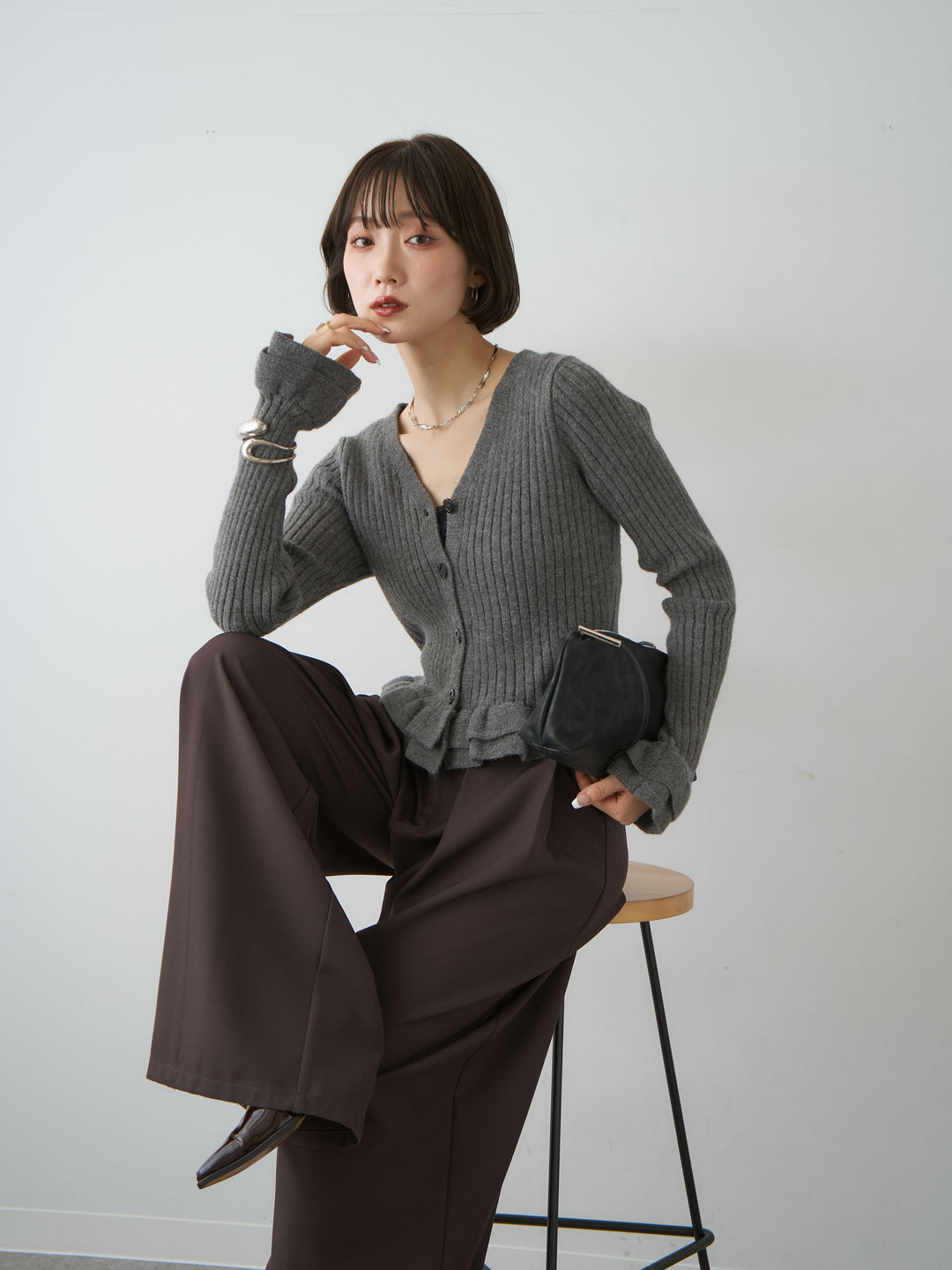 [SET]アルパカタッチフリルカーディガン+選べるアクセセット(2set)