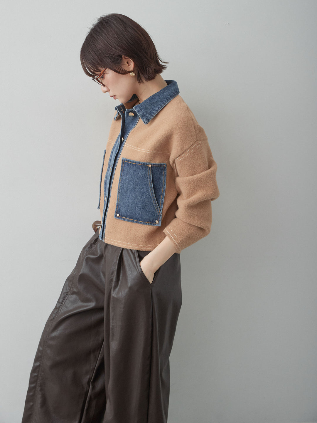 [SET]デニムコンビスムースニットジャケット+フェイクレザーワイドパンツ(2set)