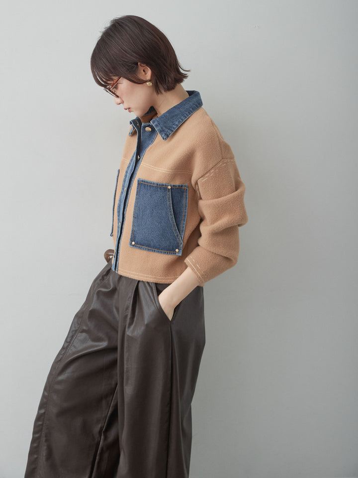[SET]デニムコンビスムースニットジャケット+フェイクレザーワイドパンツ(2set)