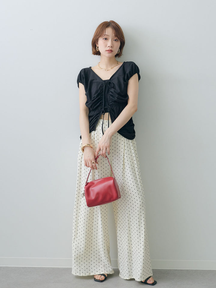 [SET]フレンチスリーブフロントリボンギャザートップス+ドットワイドイージーパンツ(2set)