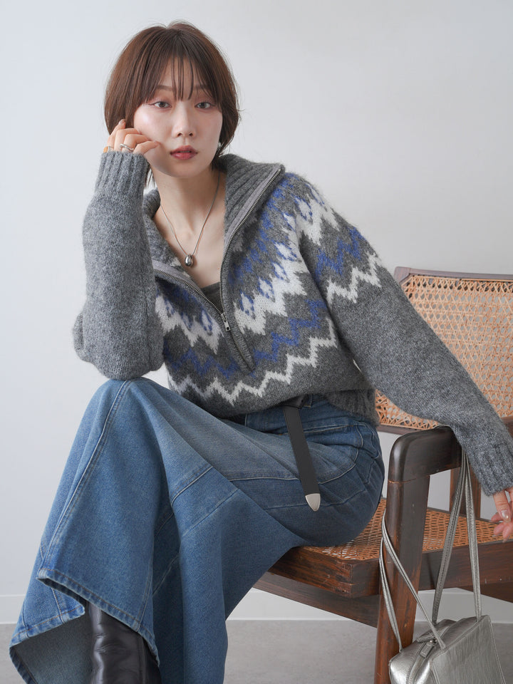 [SET]ノルディックハーフジップニットトップス+デニム切替Iラインスカート(2set)