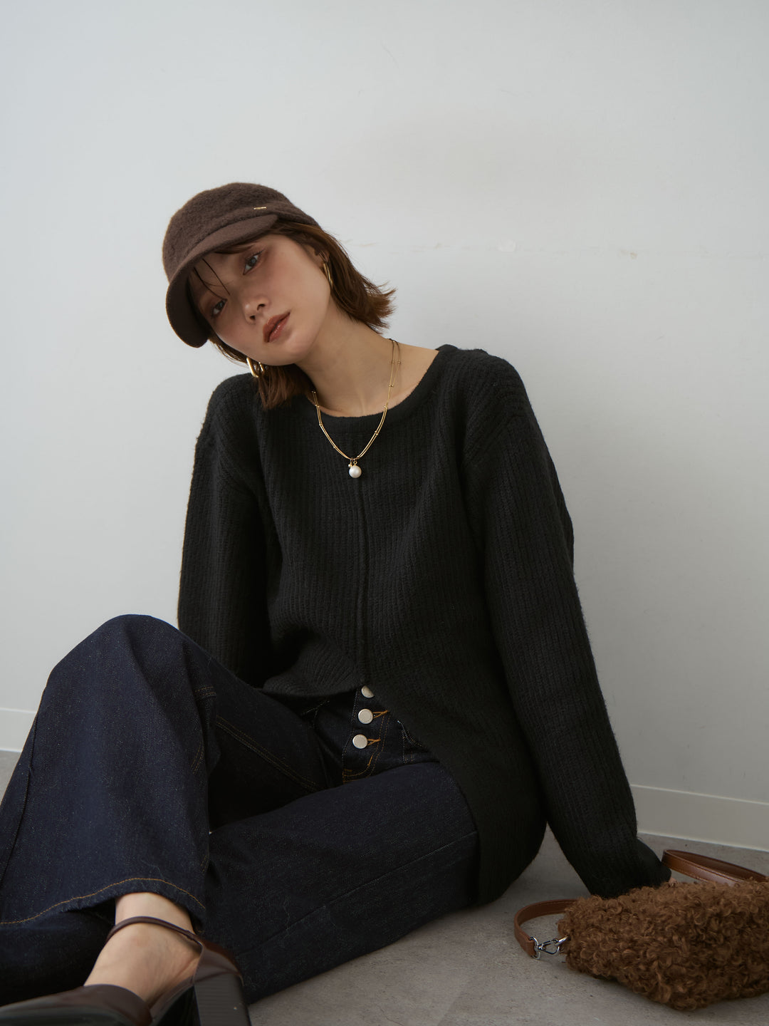 [予約]前後2wayスリットリブニットトップス/black