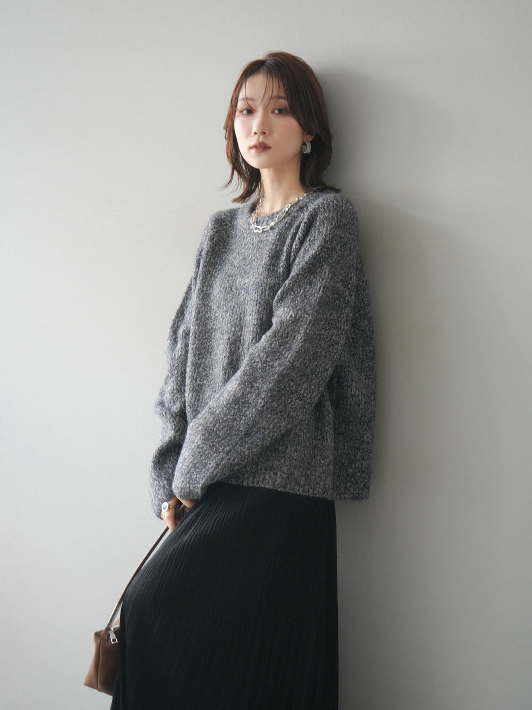 [予約]クルーネック畦編みミックスニット/navy