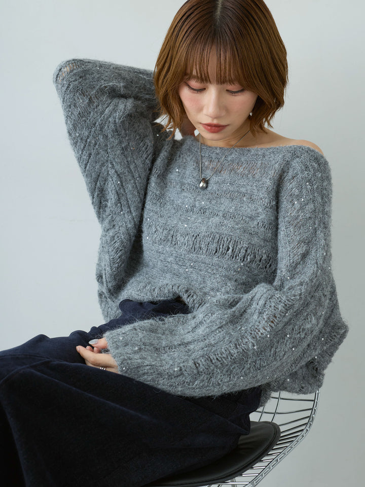 [予約]ミックス透かし編ワイドネックニットトップス/gray